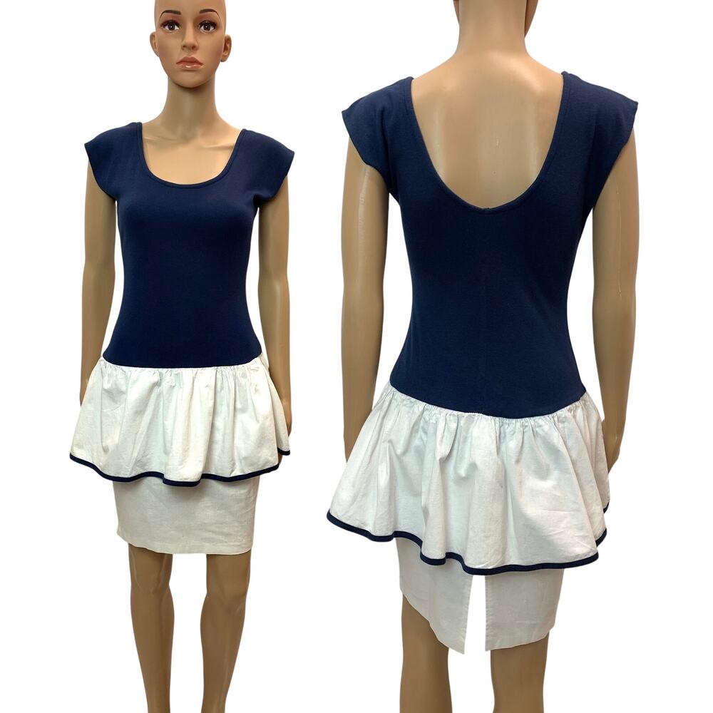 80s T Shirt Pencil Skirt Peplum Dress | Blue and White | Fits XXS/XS - Picture 1 of 8